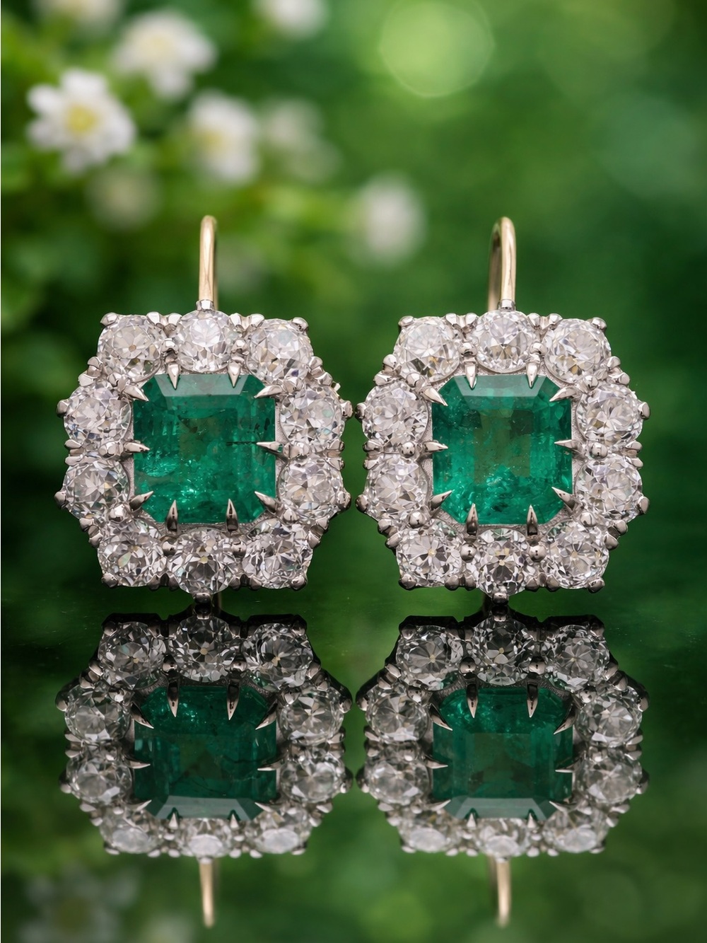 9.24 ctw Colombian Emerald Old European Cut Diamond Drop Earrings 18k Gold Plat